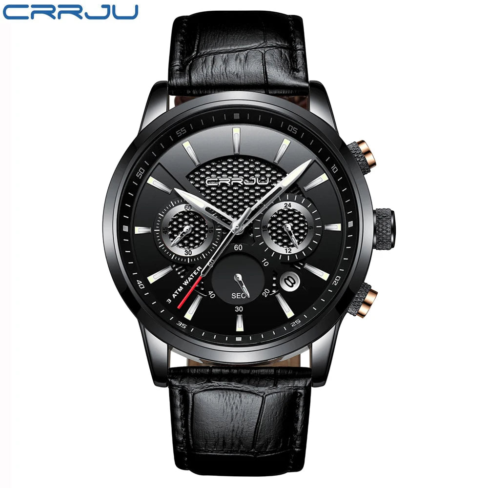 Discount - Men Watches Luxury CRRJU Brand Chronograph Men Sport Watches High Quality Leather Strap Quartz Wristwatch Relogio Masculino