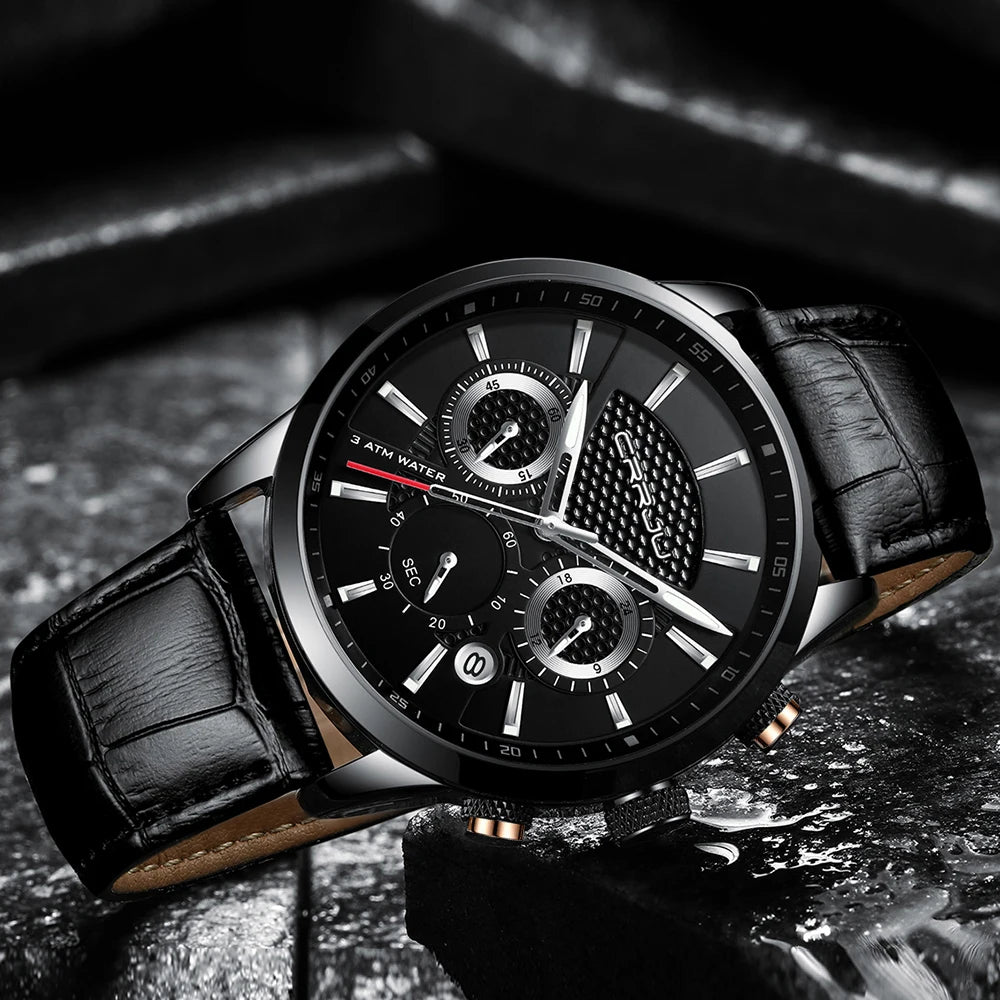Discount - Men Watches Luxury CRRJU Brand Chronograph Men Sport Watches High Quality Leather Strap Quartz Wristwatch Relogio Masculino